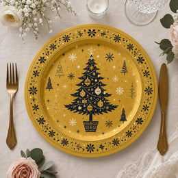 Navy Gold Christmas Charger Plate with Tree and Folk Art Snowflakes - MintiHome
