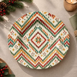 Christmas Decorative Charger Plate – Boho Chevron Ikat full-print plastic serving tray shown in a product view.
