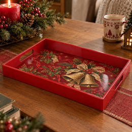 Christmas Decorative Serving Tray – Golden Bell Duo plastic serving tray shown in a rectangular product view.