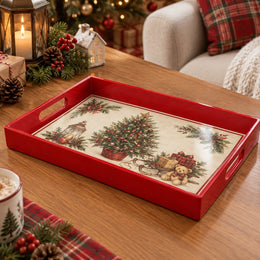 Christmas Decorative Serving Tray – Sleigh Tree Treasure plastic serving tray shown in a rectangular product view.