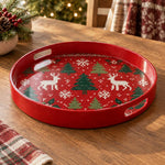 Christmas Decorative Serving Tray – Knit Reindeer Grove plastic serving tray shown in a round product view.