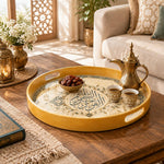 Ramadan & Eid al-Fitr Plastic Serving Tray – Calligraphy Lanterns plastic serving tray shown in a round styled scene.