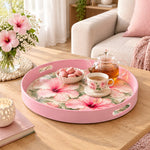 Valentine's Day Plastic Serving Tray – Pink Hibiscus Watercolor plastic serving tray shown in a round styled scene.