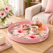 Valentine's Day Plastic Serving Tray – Pink Hibiscus Watercolor plastic serving tray shown in a round styled scene.