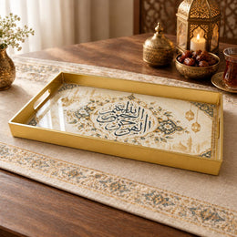 Ramadan & Eid al-Fitr Plastic Serving Tray – Calligraphy Lanterns plastic serving tray shown in a rectangular product view.