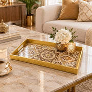 Ramadan & Eid al-Fitr Plastic Serving Tray – Walnut Scroll Medallion plastic serving tray shown in a rectangular styled scene.