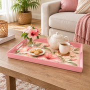 Valentine's Day Plastic Serving Tray – Pink Hibiscus Watercolor plastic serving tray shown in a rectangular styled scene.