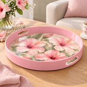 Valentine's Day Plastic Serving Tray – Pink Hibiscus Watercolor plastic serving tray shown in a round product view.