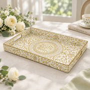 Ramadan Decorative Plastic Serving Tray – Ivory Damask Calligraphy full-print plastic serving tray shown in a product view.