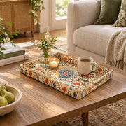 Ramadan Decorative Plastic Serving Tray – Iznik Carnation Tulip Spray full-print plastic serving tray shown in a styled room scene.