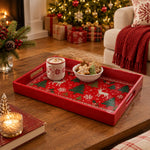 Christmas Decorative Serving Tray – Knit Reindeer Grove plastic serving tray shown in a rectangular styled scene.