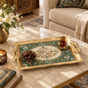 Ramadan & Eid Vintage Handle Tray – Teal Floral Vine Calligraphy - MintiHome