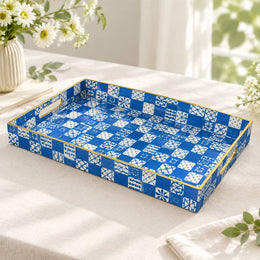 Daily Decorative Plastic Serving Tray – Cobalt Tile Starburst full-print plastic serving tray shown in a product view.