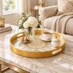 Ramadan & Eid al-Fitr Plastic Serving Tray – Oval Calligraphy Spray plastic serving tray shown in a round styled scene.