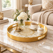 Ramadan & Eid al-Fitr Plastic Serving Tray – Oval Calligraphy Spray plastic serving tray shown in a round styled scene.
