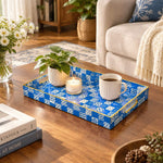 Daily Decorative Plastic Serving Tray – Cobalt Tile Starburst full-print plastic serving tray shown in a styled room scene.