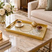 Ramadan & Eid al-Fitr Plastic Serving Tray – Oval Calligraphy Spray plastic serving tray shown in a rectangular styled scene.