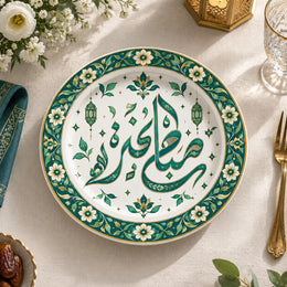 Ramadan Decorative Charger Plate – Calligraphy Daisy Band full-print plastic serving tray shown in a product view.