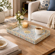 Ramadan Decorative Plastic Serving Tray – Blue Tile Calligraphy full-print plastic serving tray shown in a styled room scene.