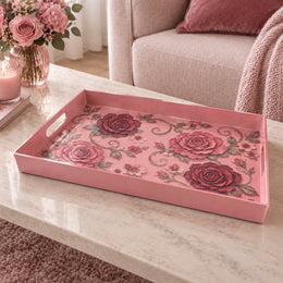 Valentine's Day Plastic Serving Tray – Vintage Rose Scroll plastic serving tray shown in a rectangular product view.