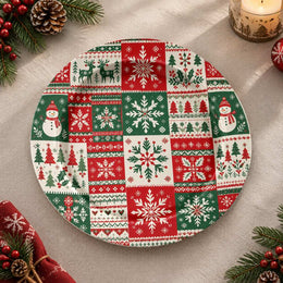 Christmas Decorative Charger Plate – Christmas Quilt Snowman full-print plastic serving tray shown in a product view.