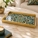 Ramadan & Eid al-Fitr Plastic Serving Tray – Turquoise Lotus Scroll plastic serving tray shown in a rectangular product view.