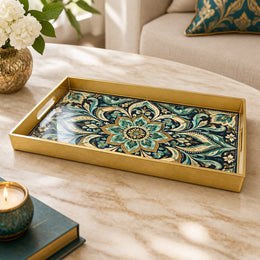 Ramadan & Eid al-Fitr Plastic Serving Tray – Turquoise Lotus Scroll plastic serving tray shown in a rectangular product view.