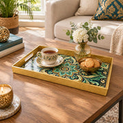 Ramadan & Eid al-Fitr Plastic Serving Tray – Turquoise Lotus Scroll plastic serving tray shown in a rectangular styled scene.