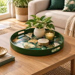 Ramadan & Eid al-Fitr Plastic Serving Tray – Gilded Ginkgo Fan plastic serving tray shown in a round styled scene.