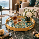 Ramadan & Eid al-Fitr Plastic Serving Tray – Turquoise Lotus Scroll plastic serving tray shown in a round styled scene.
