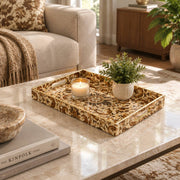 Ramadan Decorative Plastic Serving Tray – Amber Acanthus Damask full-print plastic serving tray shown in a styled room scene.
