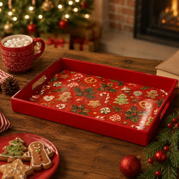 Gingerbread and Candy Cane Christmas Plastic Serving Tray, Red Rim - MintiHome