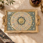 Gold and navy tray with gold trim featuring concentric Arabic calligraphy rings and a floral border