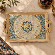 Gold and navy tray with gold trim featuring concentric Arabic calligraphy rings and a floral border