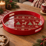 Christmas Decorative Serving Tray – Fair Isle Reindeer Row plastic serving tray shown in a round product view.