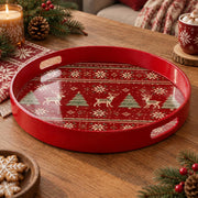 Christmas Decorative Serving Tray – Fair Isle Reindeer Row plastic serving tray shown in a round product view.