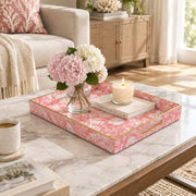 Ocean Decorative Plastic Serving Tray – Pink Shell Garden full-print plastic serving tray shown in a styled room scene.