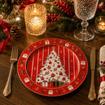 Red Christmas Charger Plate with Tree, Stripe Border and Gift Boxes - MintiHome