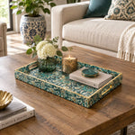 Ramadan Decorative Plastic Serving Tray – Peacock Feather Mandala full-print plastic serving tray shown in a styled room scene.