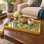 Ramadan & Eid al-Fitr Plastic Serving Tray – Teal Persian Arabesque plastic serving tray shown in a rectangular styled scene.