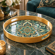 Ramadan & Eid al-Fitr Plastic Serving Tray – Turquoise Lotus Scroll plastic serving tray shown in a round product view.