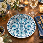 Ramadan Decorative Charger Plate – Navy Blue Mandala Drops full-print plastic serving tray shown in a styled room scene.