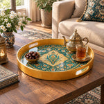 Ramadan & Eid al-Fitr Plastic Serving Tray – Teal Persian Arabesque plastic serving tray shown in a round styled scene.