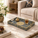 Ramadan Decorative Plastic Serving Tray – Calligraphy Oval Reserve full-print plastic serving tray shown in a styled room scene.