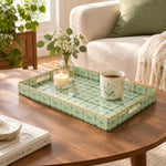 Daily Decorative Plastic Serving Tray – Sage Sprig Lattice full-print plastic serving tray shown in a styled room scene.