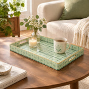 Daily Decorative Plastic Serving Tray – Sage Sprig Lattice full-print plastic serving tray shown in a styled room scene.