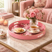 Valentine's Day Plastic Serving Tray – Vintage Rose Scroll plastic serving tray shown in a round styled scene.
