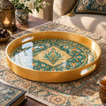 Ramadan & Eid al-Fitr Plastic Serving Tray – Teal Persian Arabesque plastic serving tray shown in a round product view.