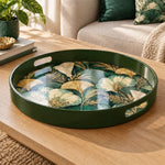 Ramadan & Eid al-Fitr Plastic Serving Tray – Gilded Ginkgo Fan plastic serving tray shown in a round product view.