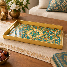 Ramadan & Eid al-Fitr Plastic Serving Tray – Teal Persian Arabesque plastic serving tray shown in a rectangular product view.